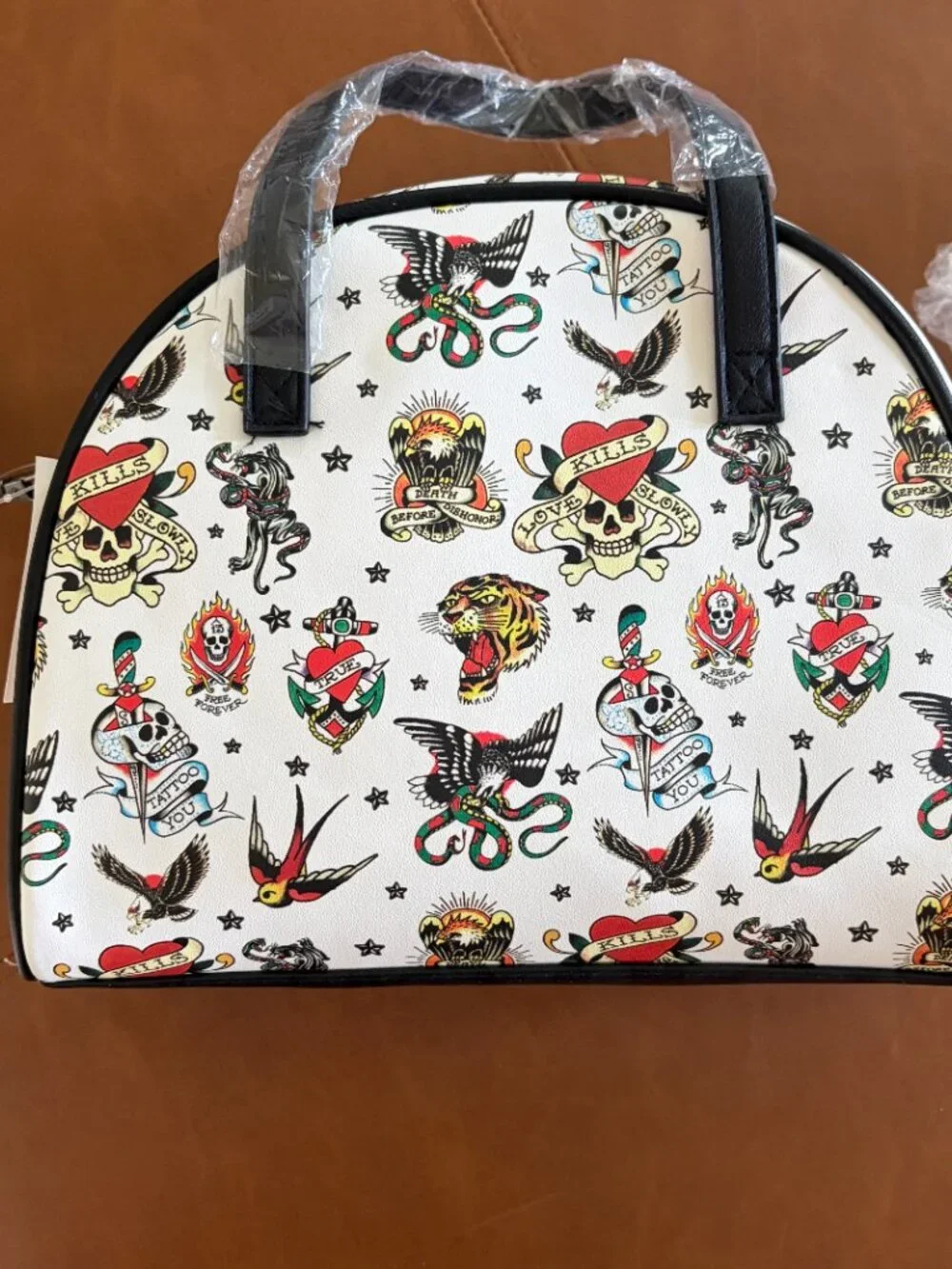 Ed Hardy White Tattoo-Print Insulated Crossbody Lunch Tote Bag NWT back 2 school